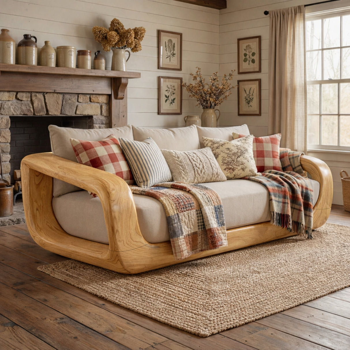 Solid Wood Lounge Sofa with Continuous Curved Frame for Reading Room
