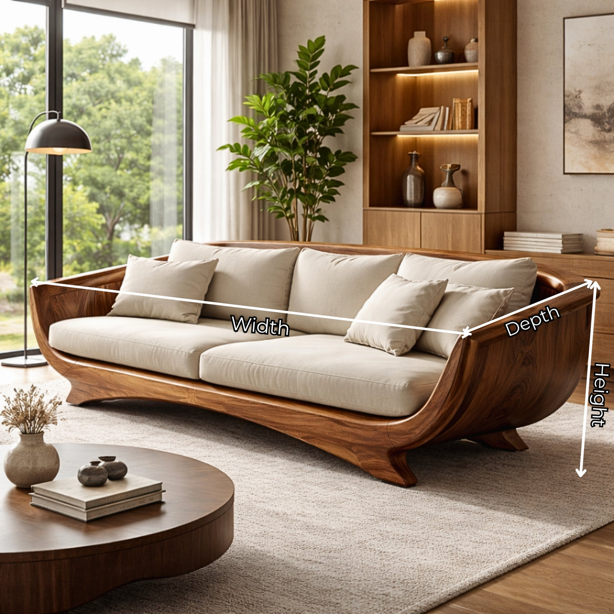 Solid Wood Curved Lounge Sofa with Sculptural Framed Sides for Living Room