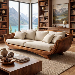 Solid Wood Curved Lounge Sofa with Sculptural Framed Sides for Living Room
