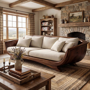 Solid Wood Curved Lounge Sofa with Sculptural Framed Sides for Living Room