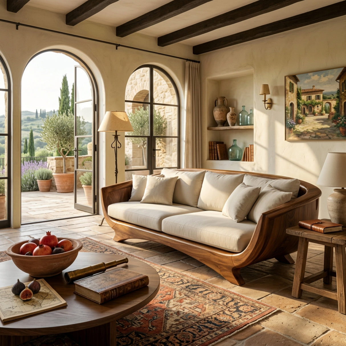 Solid Wood Curved Lounge Sofa with Sculptural Framed Sides for Living Room
