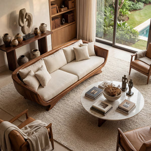 Solid Wood Curved Lounge Sofa with Sculptural Framed Sides for Living Room