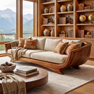 Solid Wood Curved Lounge Sofa with Sculptural Framed Sides for Living Room