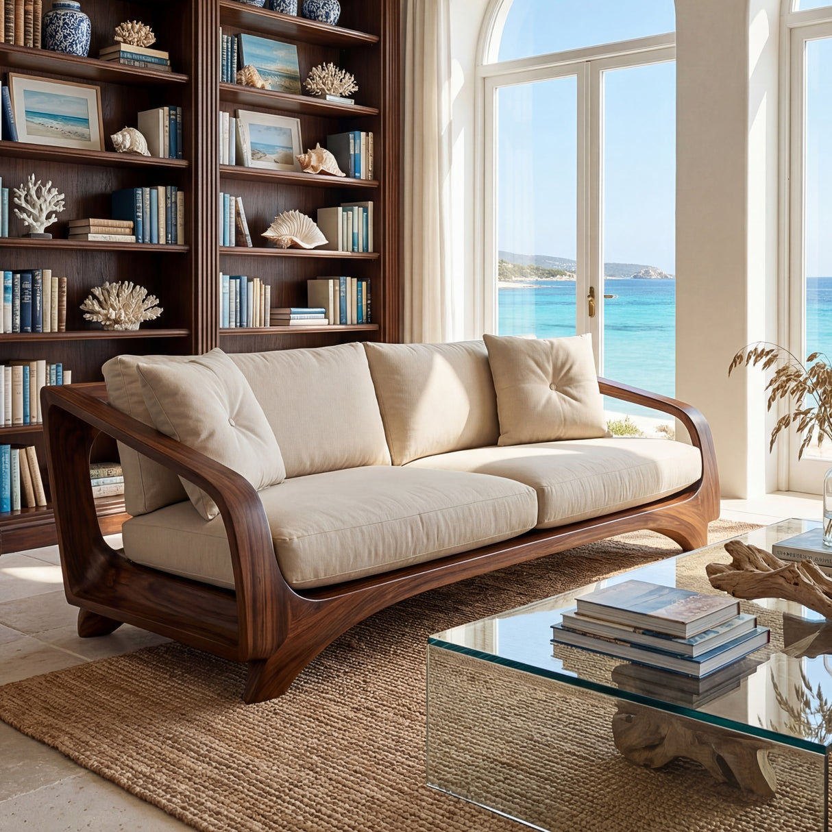 Solid Wood Sofa with Open Curved Arm Frame for Reading Room and Library Lounge