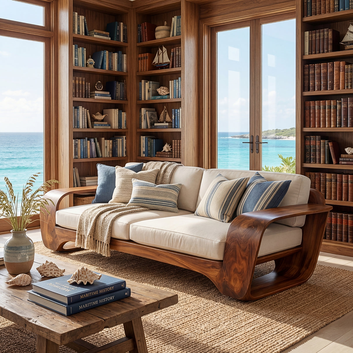 Solid Wood Sofa with Curved Loop Arms for Living Room and Lounge Space