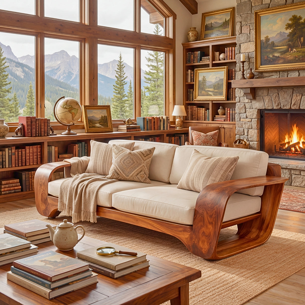 Solid Wood Sofa with Curved Loop Arms for Living Room and Lounge Space