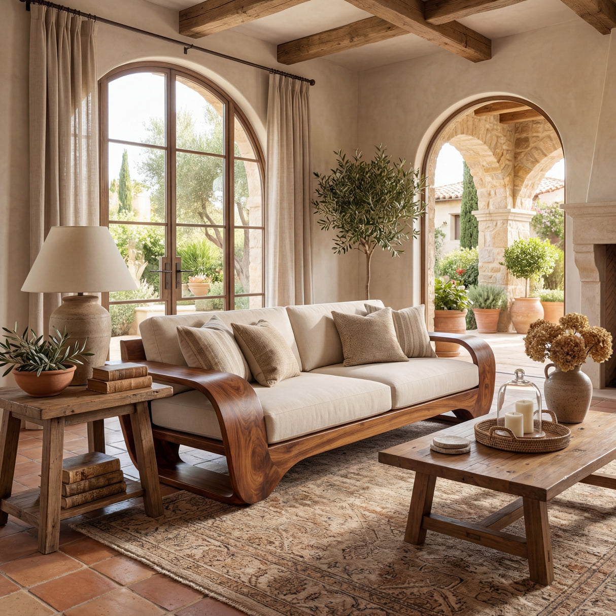 Solid Wood Sofa with Curved Loop Arms for Living Room and Lounge Space