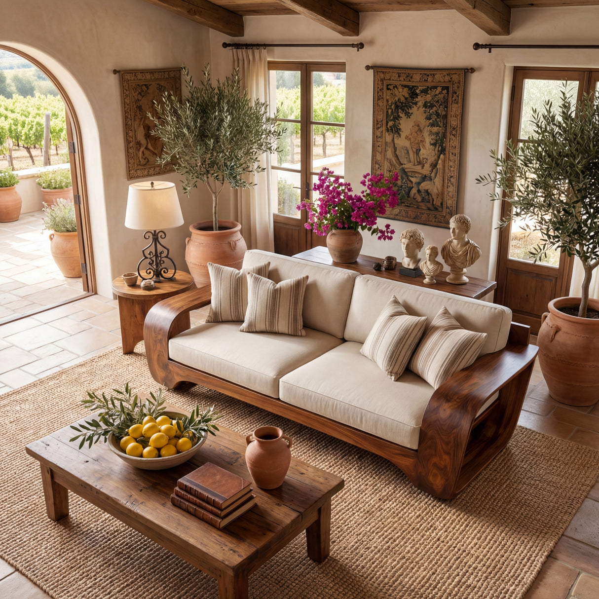 Solid Wood Sofa with Curved Loop Arms for Living Room and Lounge Space