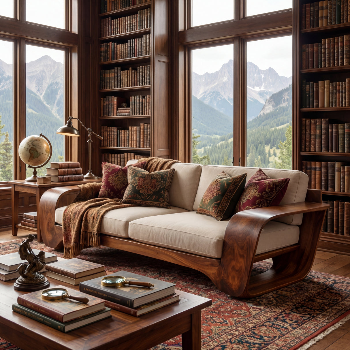 Solid Wood Sofa with Curved Loop Arms for Living Room and Lounge Space