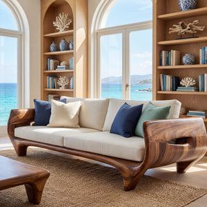 Solid Wood Sofa with Sculptural Panel Arms for Reading Room and Library Interior