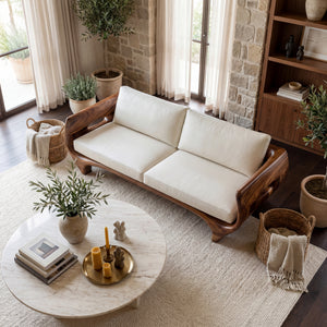 Solid Wood Sofa with Sculptural Panel Arms for Reading Room and Library Interior