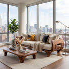 Solid Wood Sofa with Sculptural Panel Arms for Reading Room and Library Interior