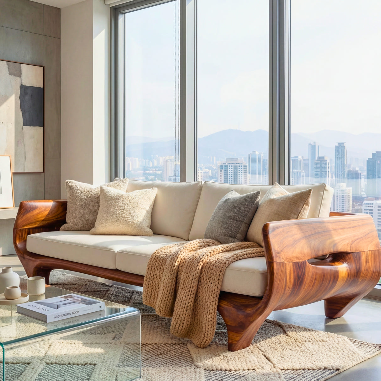 Solid Wood Sofa with Sculptural Panel Arms for Reading Room and Library Interior