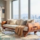 Solid Wood Sofa with Sculptural Panel Arms for Reading Room and Library Interior