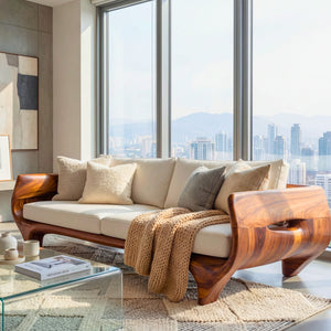 Solid Wood Sofa with Sculptural Panel Arms for Reading Room and Library Interior