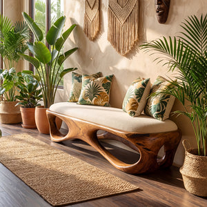 Solid Wood Sculptural Bench with Flowing Open Base for Entryway