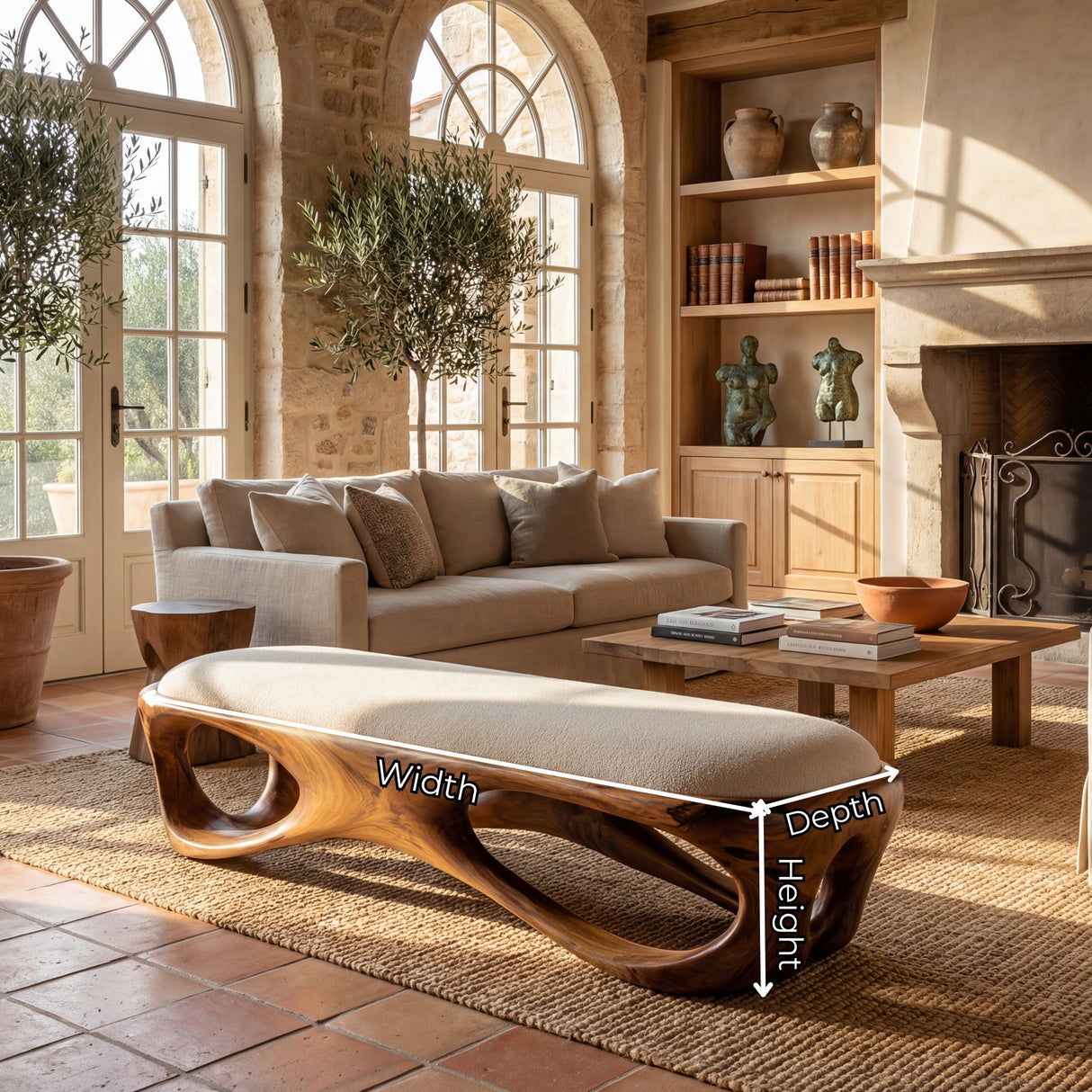 Solid Wood Sculptural Bench with Flowing Open Base for Entryway