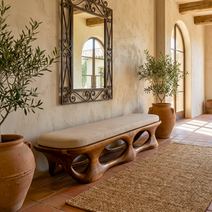 Solid Wood Sculptural Bench with Open Carved Base for Entryway