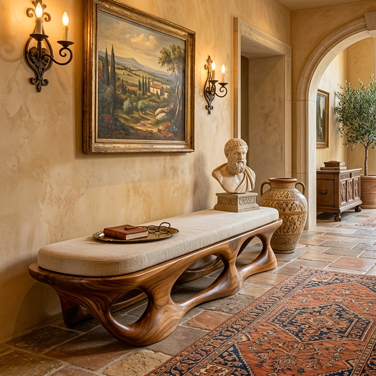 Solid Wood Sculptural Bench with Open Carved Base for Entryway