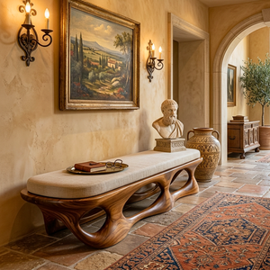 Solid Wood Sculptural Bench with Open Carved Base for Entryway