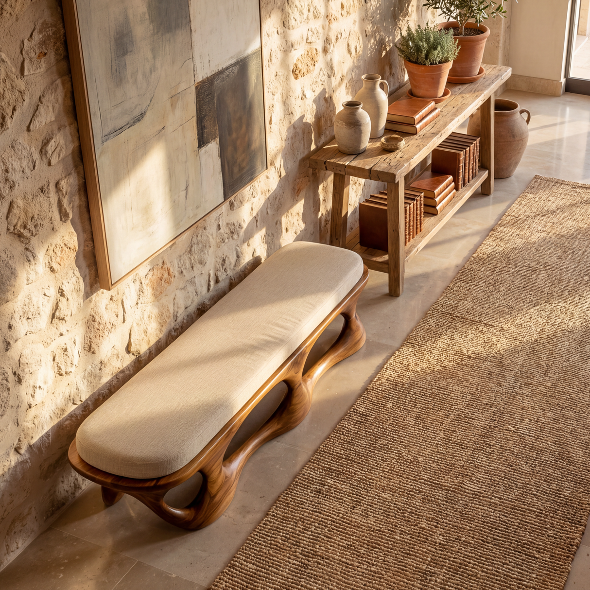 Solid Wood Sculptural Bench with Open Carved Base for Entryway