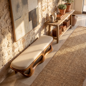 Solid Wood Sculptural Bench with Open Carved Base for Entryway