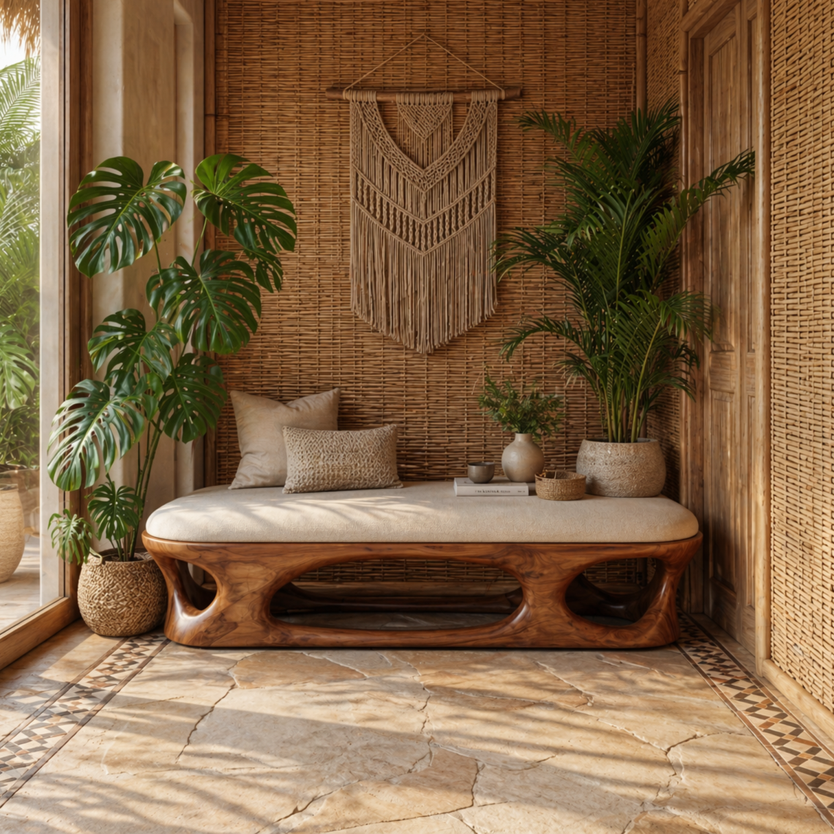 Sculptural Solid Wood Bench with Open Carved Base for Modern Interior