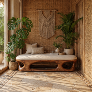Sculptural Solid Wood Bench with Open Carved Base for Modern Interior