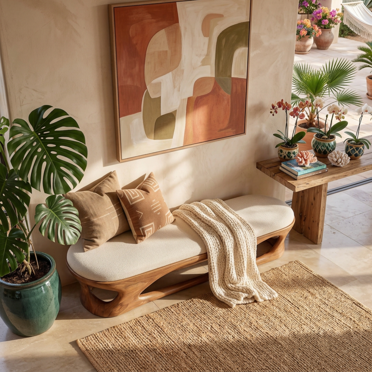 Sculptural Solid Wood Bench with Open Carved Base for Modern Interior