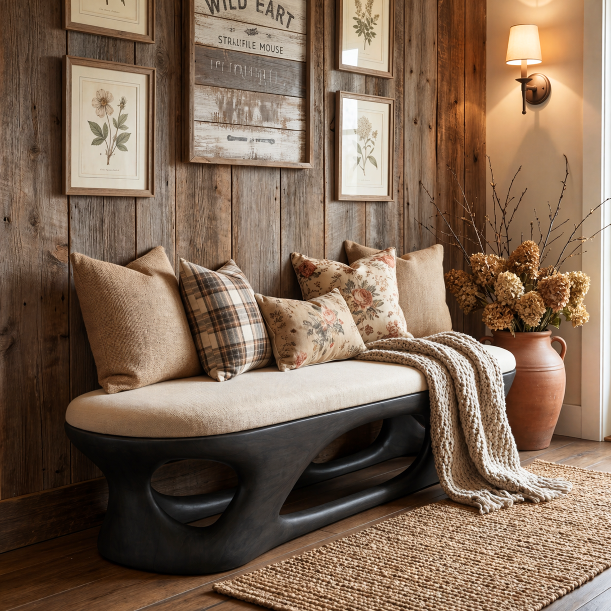 Sculptural Solid Wood Bench with Open Carved Base for Modern Interior