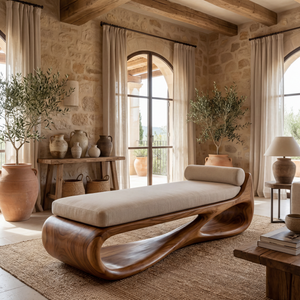 Solid Wood Sculptural Daybed Bench with Flowing Open Base for Modern Interior