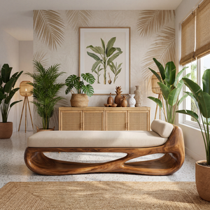 Solid Wood Sculptural Daybed Bench with Flowing Open Base for Modern Interior