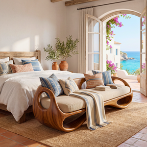 Organic Solid Wood Bench with Open Sculptural Frame for Bedroom