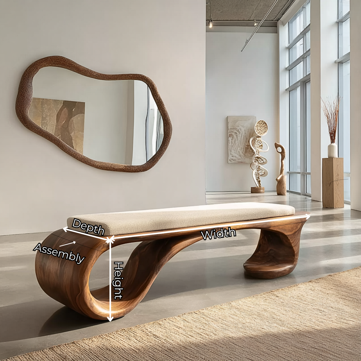 Organic Solid Wood Hallway Bench with Sculptural Curved Base