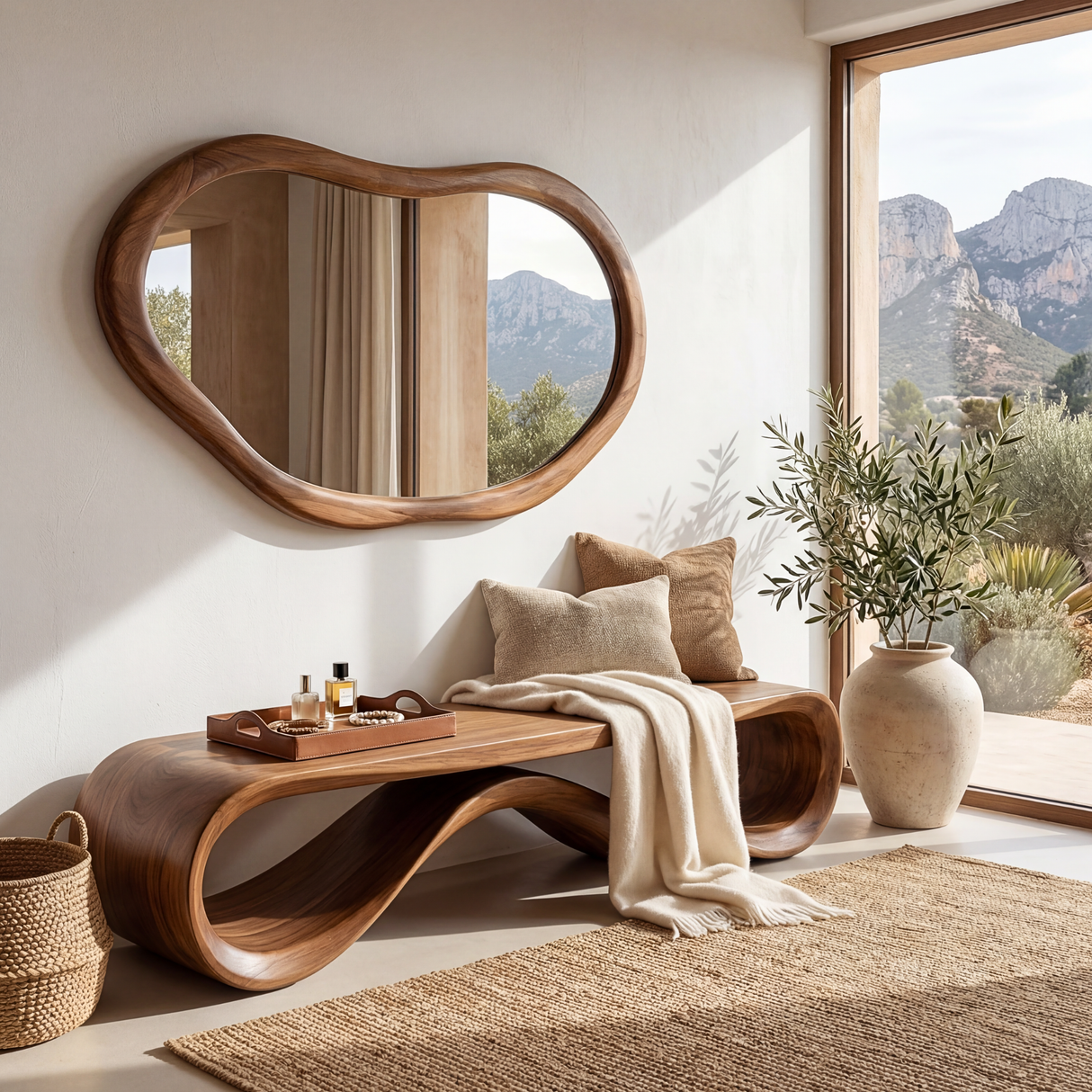 Organic Solid Wood Bench with Wave Open Base for Hallway and Living Space