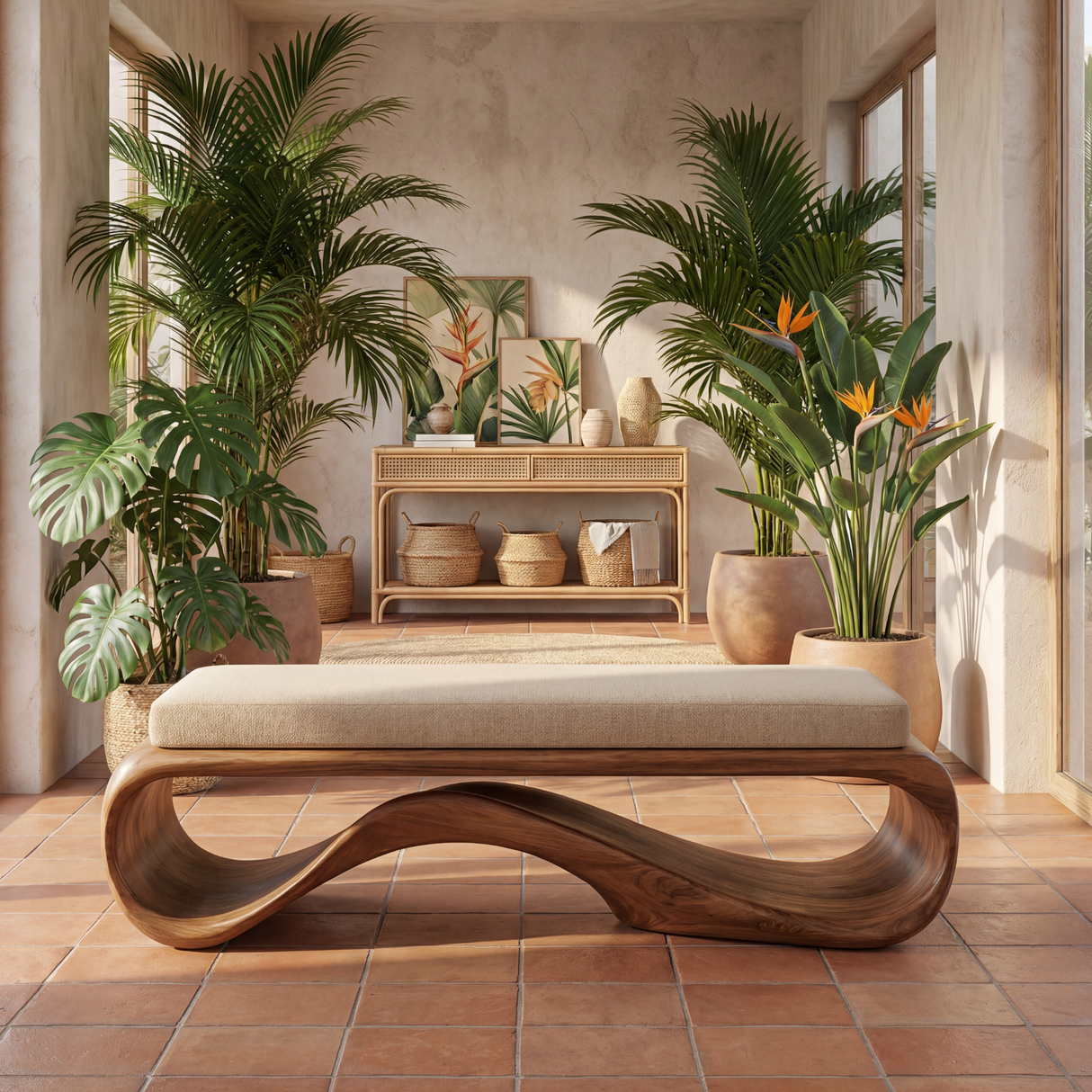 Organic Solid Wood Bench with Wave Open Base for Hallway and Living Space