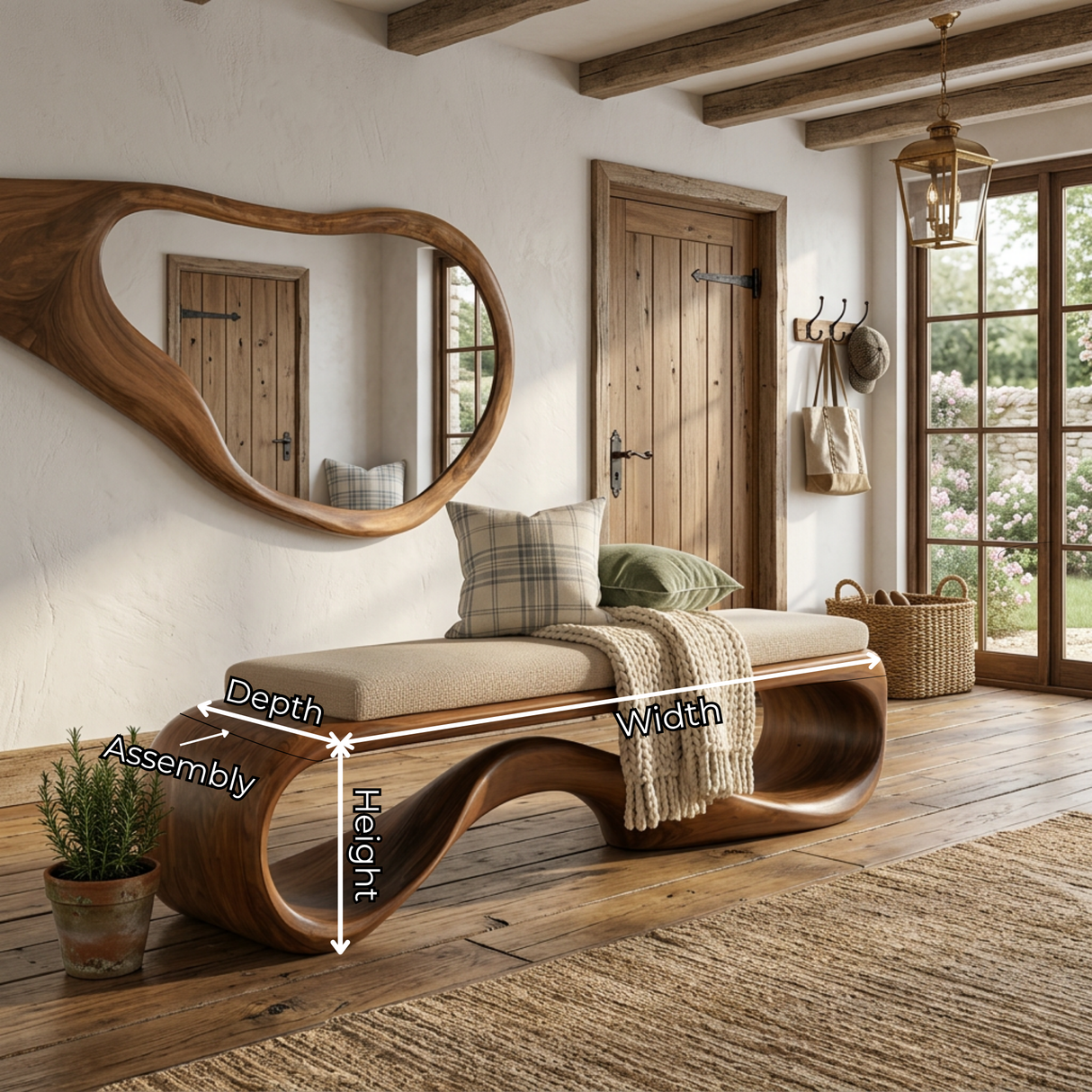 Organic Solid Wood Bench with Wave Open Base for Hallway and Living Space