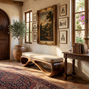 Sculptural Solid Wood Hallway Bench with Flowing Open Base