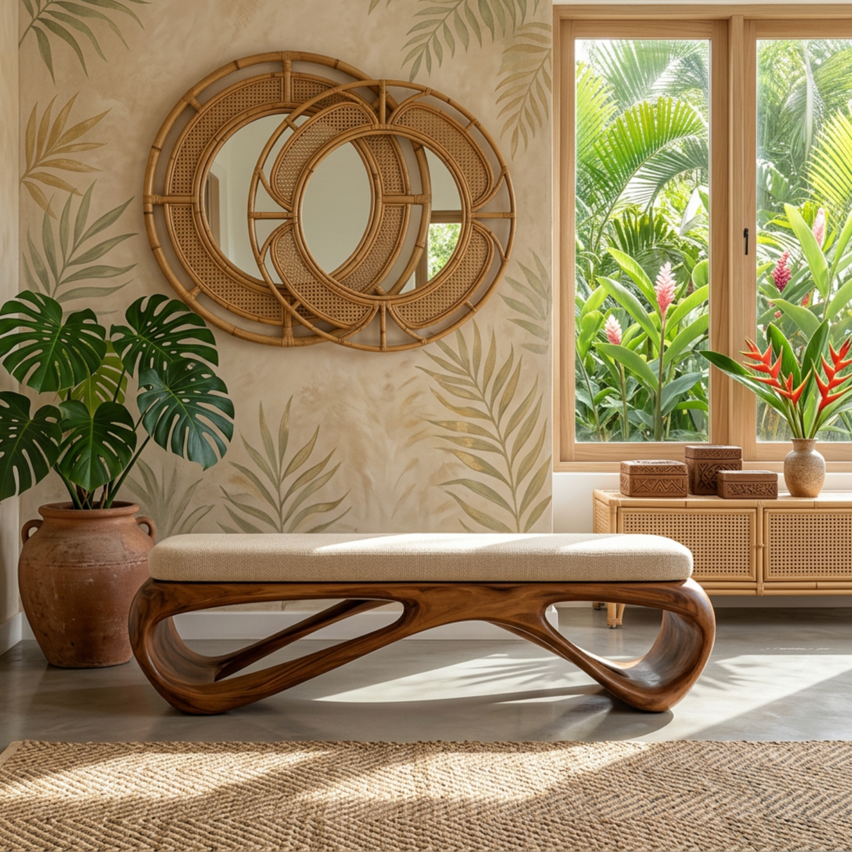 Sculptural Solid Wood Hallway Bench with Flowing Open Base