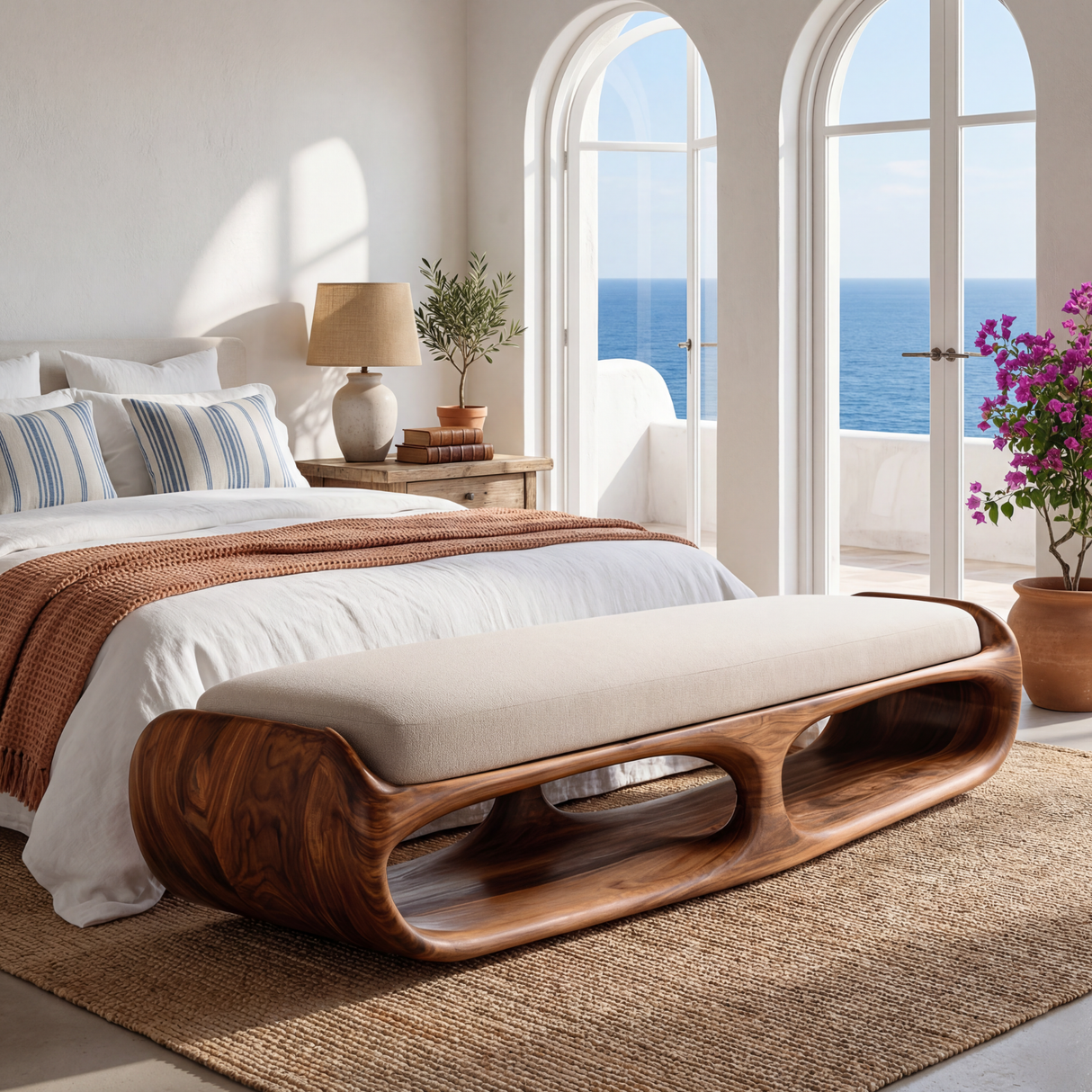 Organic Solid Wood Bench with Sculptural Open Base for Bedroom