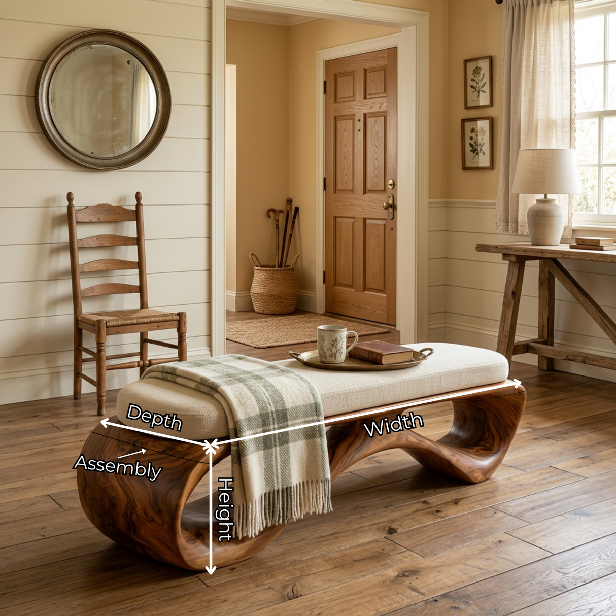 Organic Solid Wood Hallway Bench with Sculptural Open Base