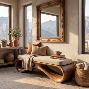 Organic Solid Wood Hallway Bench with Sculptural Open Base
