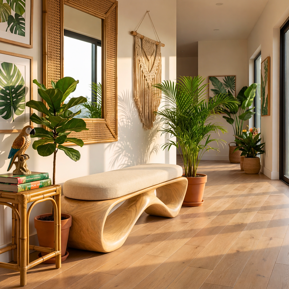 Organic Solid Wood Hallway Bench with Sculptural Open Base