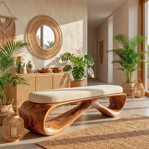 Organic Solid Wood Hallway Bench with Sculptural Open Base