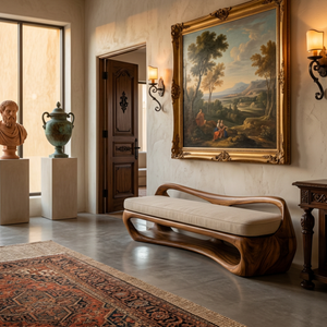 Sculptural Solid Wood Bench with Open Frame and Flowing Backrest for Living Space