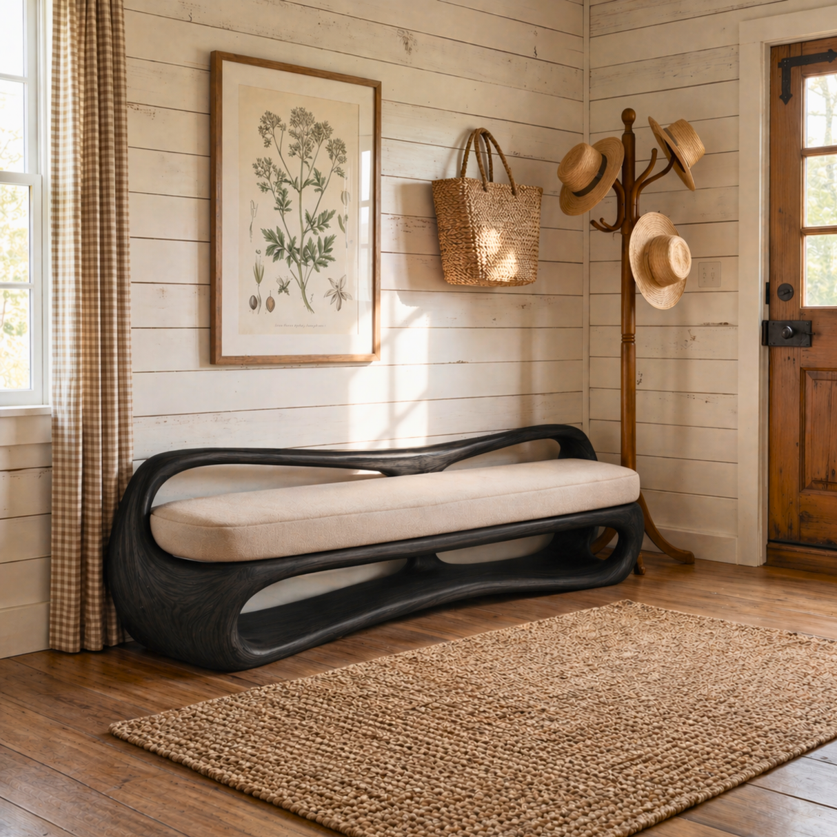 Sculptural Solid Wood Bench with Open Frame and Flowing Backrest for Living Space