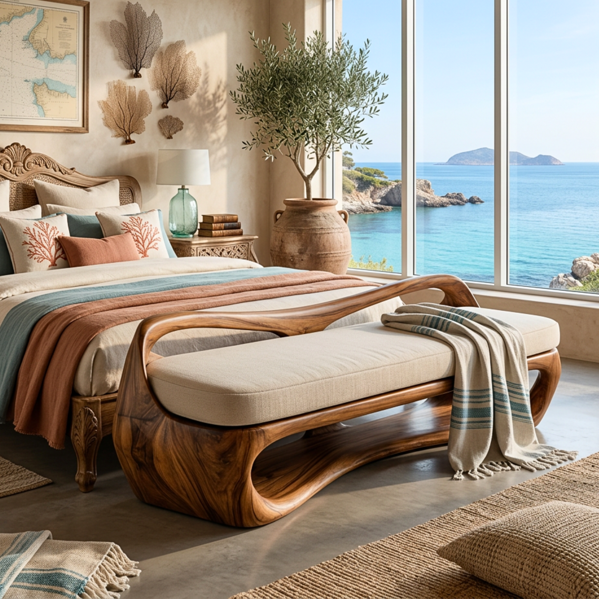 Sculptural Solid Wood Bench with Open Frame and Flowing Backrest for Living Space