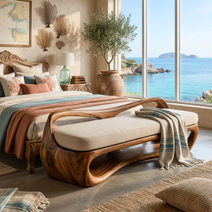 Sculptural Solid Wood Bench with Open Frame and Flowing Backrest for Living Space