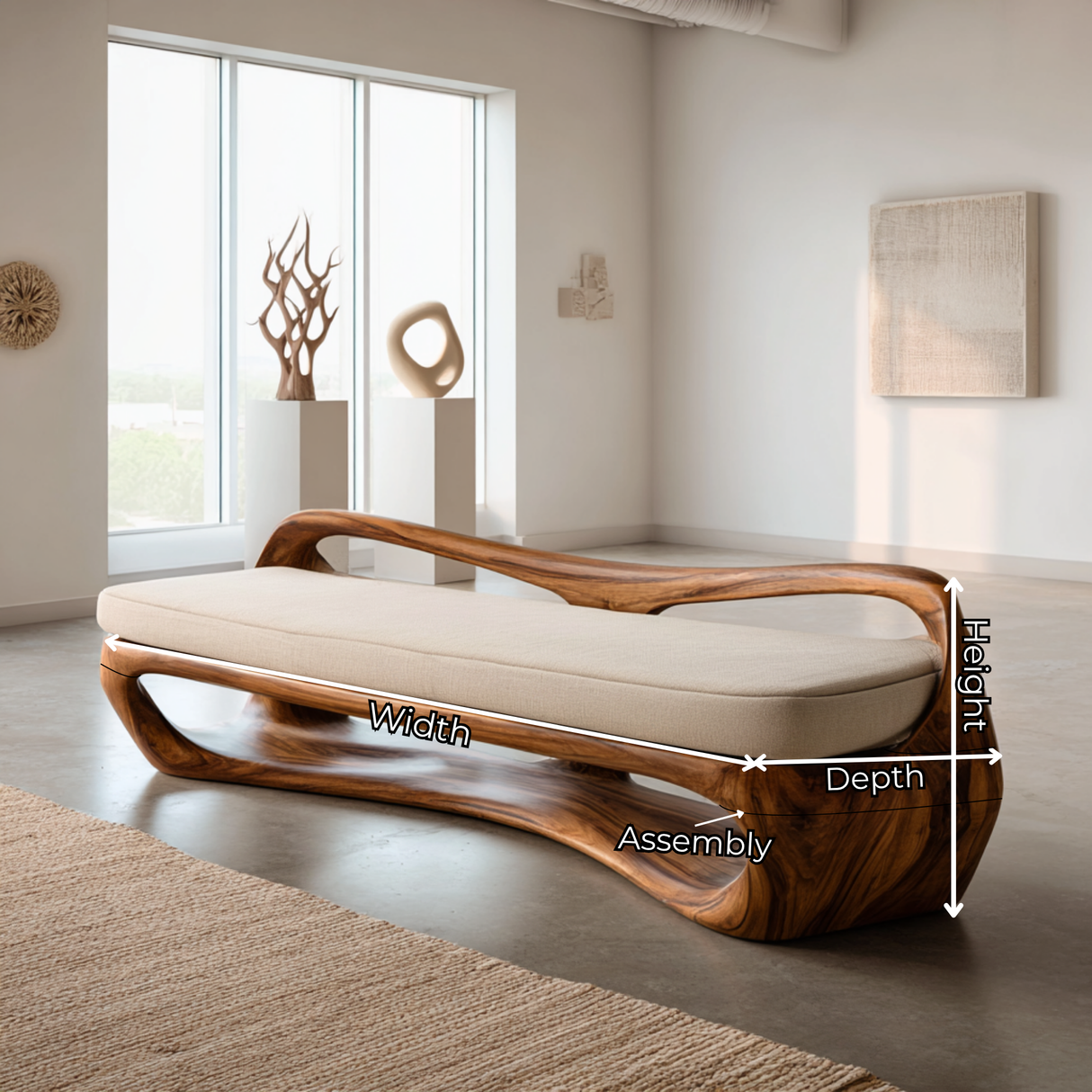 Sculptural Solid Wood Bench with Open Frame and Flowing Backrest for Living Space