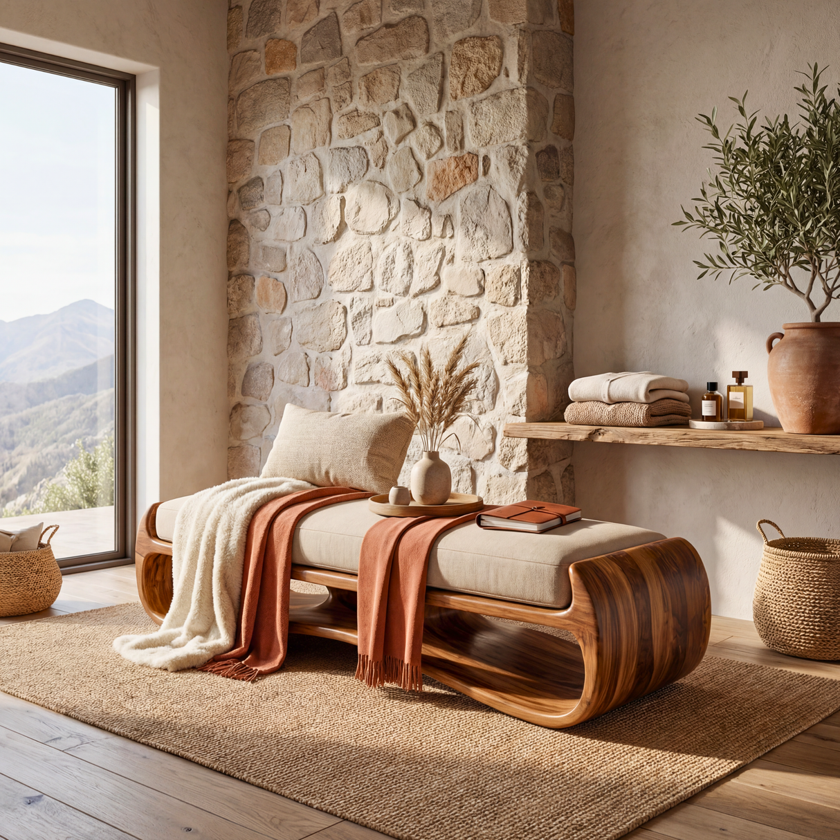 Sculptural Solid Wood Bench with Flowing Open Base for Living Space